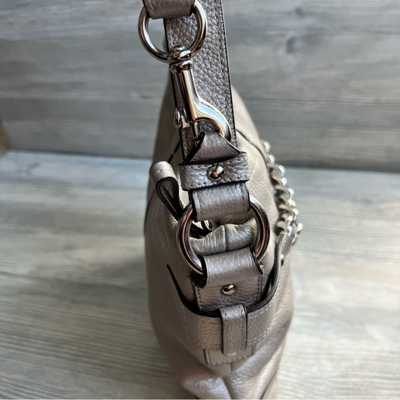 Coach metallic champagne silver pebbled leather chain duffle convertible handbag - Picture 6 of 13